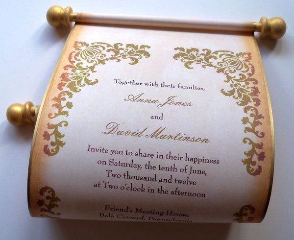 Rustic wedding invitation scroll with damask in gold and caramel, set of 10