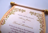 Rustic wedding invitation scroll with damask in gold and caramel, set of 10