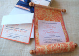 Medieval damask wedding invitation scroll suite in a box, tangerine and navy, set of 25