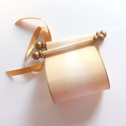 Blank mini scroll with ribbon on aged look paper