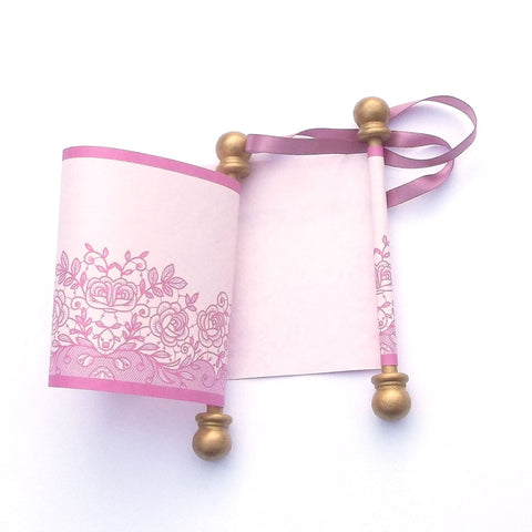 Mini scroll with printed lace roses on pink paper