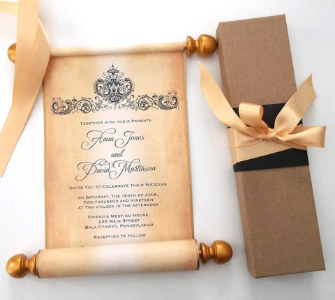 Romantic vintage style scroll invitation with box