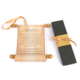 Paper scroll custom printed with text and a black box with a gold ribbon