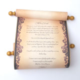 Customized scroll in plum and gold, 8x19 inches paper, handmade in the USA