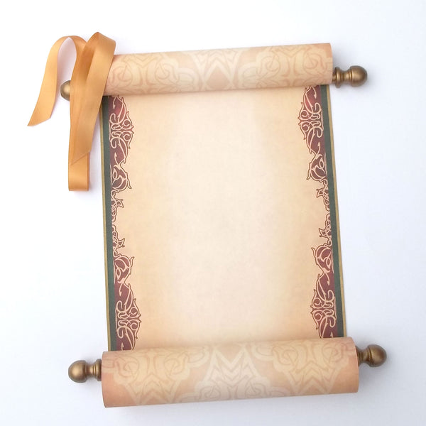 Custom parchment scroll with red, green and gold accents, 8x18 inches paper, handmade