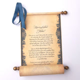 Custom parchment scroll in navy and aged gold, 8x19 inches paper, personalized with your own words, handmade