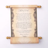 Personalized brown and gold scroll with brooch, 8x20" aged paper, blank or custom