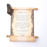 Personalized brown and gold scroll with brooch, 8x20" aged paper, blank or custom