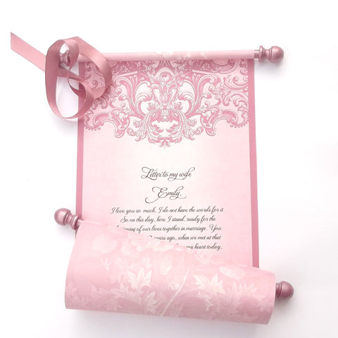 Personalized Victorian scroll in mauve pink, 8x20" paper, vintage roses design, sets of multiples