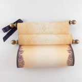 Parchment scroll with purple and aged gold accents, 8x19 inches paper, handmade, blank or customized