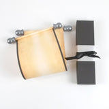Blank paper scroll for handwritten messages, aged paper with pewter and black accents, 5x12" paper