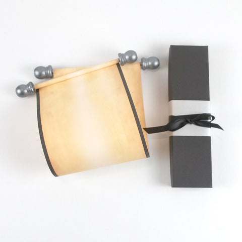 Blank paper scroll for handwritten messages, aged paper with pewter and black accents, 5x12" paper