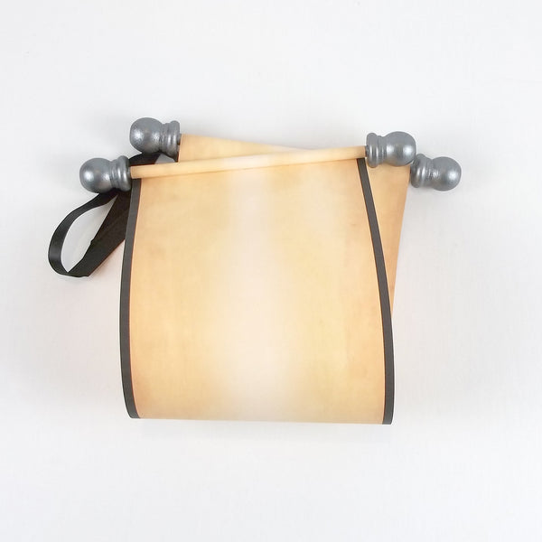 Blank paper scroll for handwritten messages, aged paper with pewter and black accents, 5x12" paper