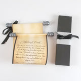 Custom Message Scroll with Black Accents, 5x12" paper, black gift box