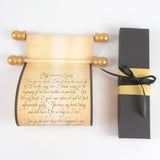 Custom Message Scroll with Gold Accents, 5x12" paper, black gift box