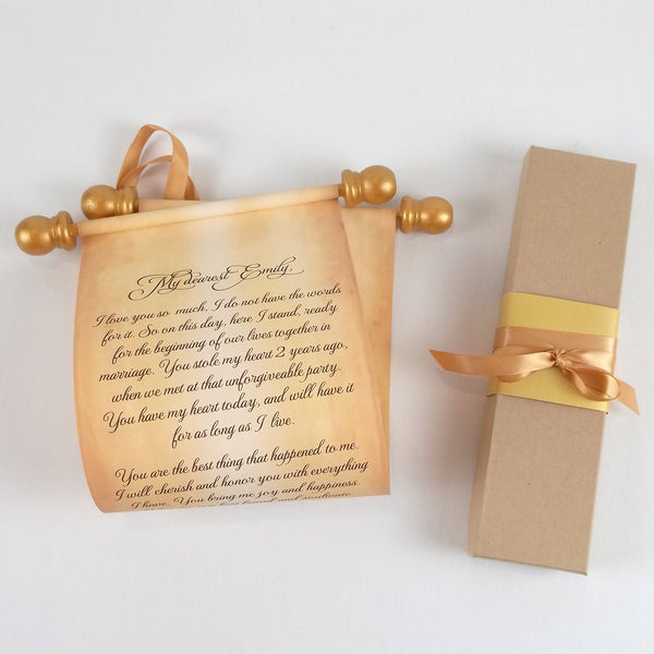 Custom printed scroll with gift box for a personal message, 5x12" aged paper