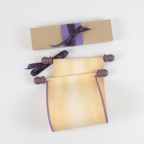 Blank scroll with purple accents and gift box, 5x12 inches paper