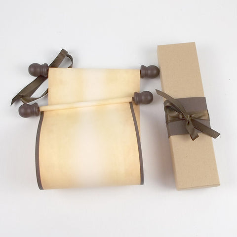 Blank paper scroll for handwritten messages, aged paper with brown accents, 5x12" paper