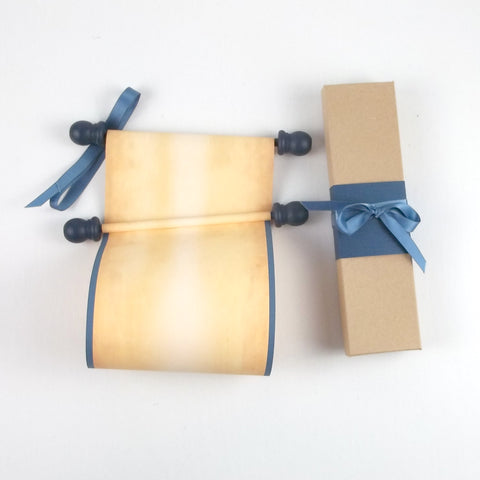 Rustic aged blank scroll for hand writing with navy accents, 5x12" paper