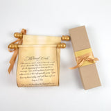 Vintage style custom printed scroll with gold accents, 5x13 paper, optional gift box