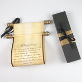Custom Message Scroll with Black Accents, 5x12" paper, black gift box
