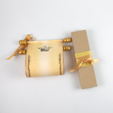 Royal crown and floral border on aged paper scroll, optional gift box