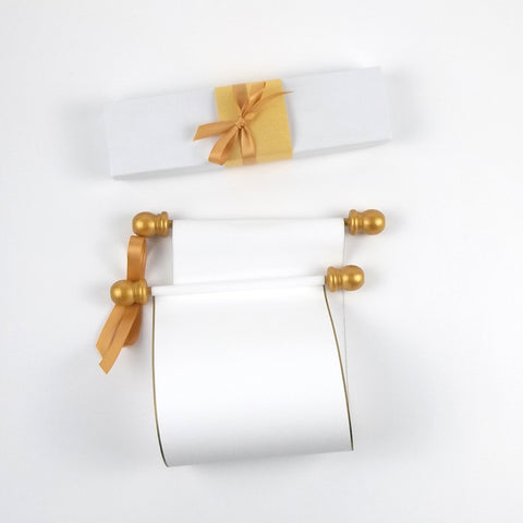 Blank white paper scroll with gift box for hand writing a personal message, 5x12" paper