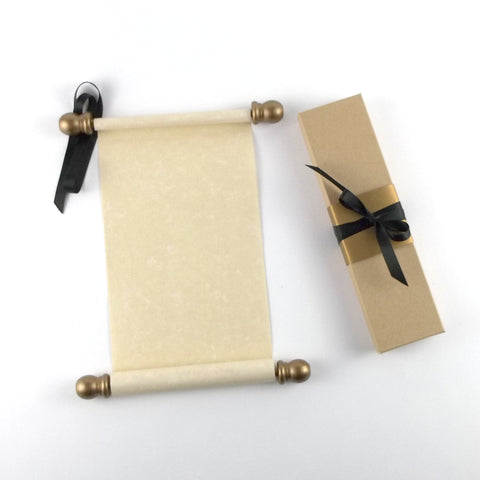 Blank paper scroll with gold accents and gift box, 5x12" tan parchment paper