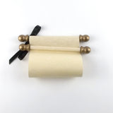 Blank paper scroll with gold accents and gift box, 5x12" tan parchment paper