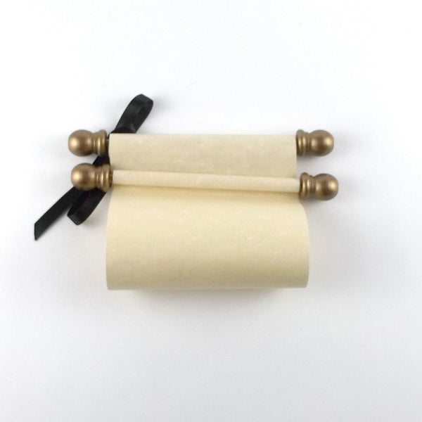 Blank paper scroll with gold accents and gift box, 5x12" tan parchment paper