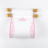 Pink and gold paper scrolls with princess crown for a fairytale celebration, 5x13" paper, blank