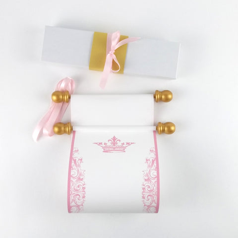Pink and gold paper scrolls with princess crown for a fairytale celebration, 5x13" paper, blank