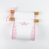 Pink and gold paper scrolls with princess crown for a fairytale celebration, 5x13" paper, blank