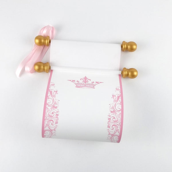 Pink and gold paper scrolls with princess crown for a fairytale celebration, 5x13" paper, blank