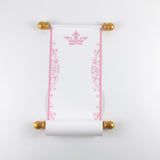 Pink and gold paper scrolls with princess crown for a fairytale celebration, 5x13" paper, blank