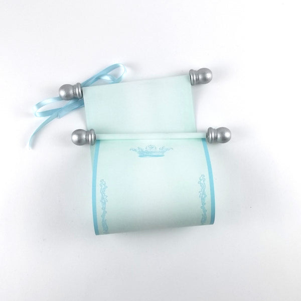 Blue and silver fairytale princess blank paper scroll with optional crown and gift box
