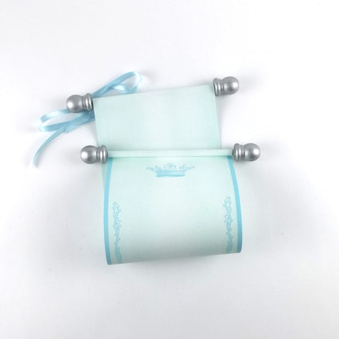 Blue and silver fairytale princess blank paper scroll with optional crown and gift box