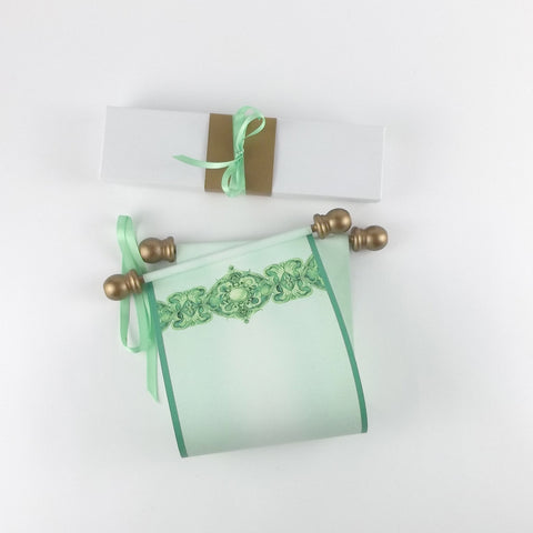 Regency blank decorative green paper scroll with gift box, 5x12" paper