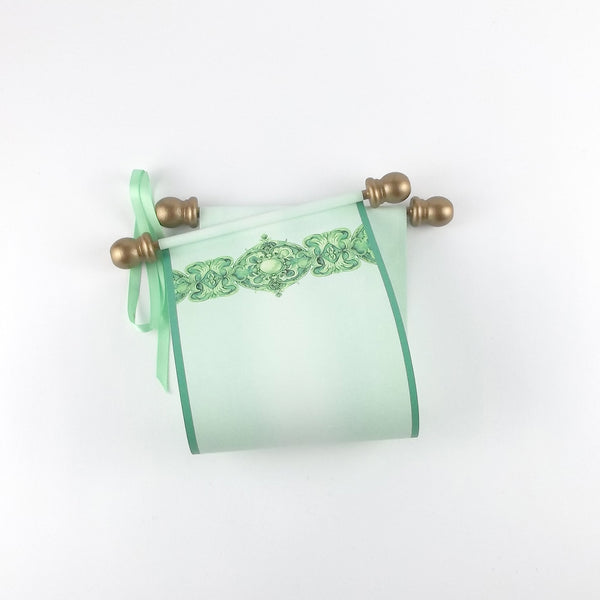 Regency blank decorative green paper scroll with gift box, 5x12" paper