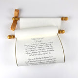 Wedding vows custom printed parchment scroll with brooch for vows and monogram, guest list, theater prop, medieval scroll, secret message, 8x21" paper