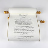Wedding vows custom printed parchment scroll with brooch for vows and monogram, guest list, theater prop, medieval scroll, secret message, 8x21" paper
