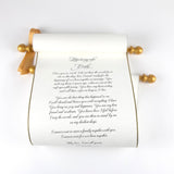 Wedding vows custom printed parchment scroll with brooch for vows and monogram, guest list, theater prop, medieval scroll, secret message, 8x21" paper
