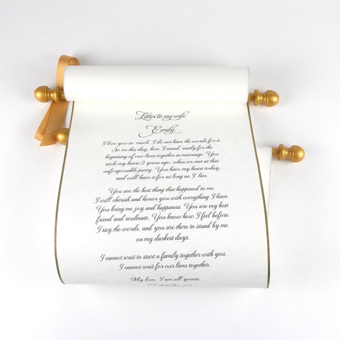 Wedding vows custom printed parchment scroll with brooch for vows and monogram, guest list, theater prop, medieval scroll, secret message, 8x21" paper