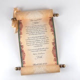 Custom parchment scroll with red, green and gold accents, 8x18 inches paper, handmade
