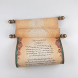 Custom parchment scroll with red, green and gold accents, 8x18 inches paper, handmade