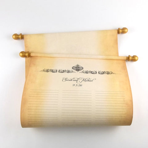 Personalized guest list scroll, gold accents, 11x21 inches aged parchment paper. damask design