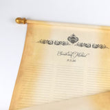Personalized guest list scroll, gold accents, 11x21 inches aged parchment paper. damask design