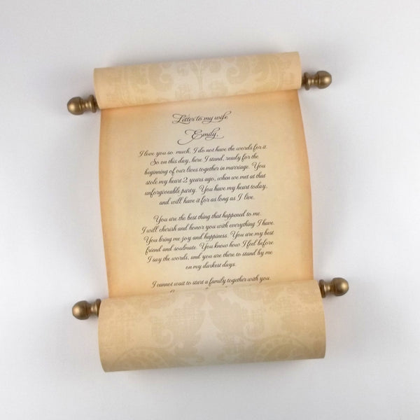 Personalized vintage parchment scroll, 8x20" paper, Victorian damask design, sets of multiples