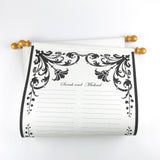 Custom floral guest list scroll, black and gold, 11x21 inches cream parchment paper, personalized with name(s) and date