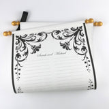 Custom floral guest list scroll, black and gold, 11x21 inches cream parchment paper, personalized with name(s) and date
